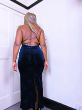Load image into Gallery viewer, 1996 label Lipsy Velvet glitter navy dress