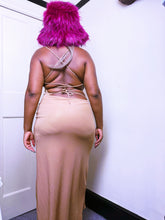Load image into Gallery viewer, Lipsy 1996 label beige sparkly cross back dress