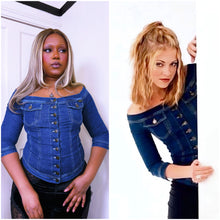 Load image into Gallery viewer, Plein Sud Bardot denim top ASO Sabrina the Teenage witch promo