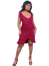 Load image into Gallery viewer, Vintage cherry red Silk deep v dress with velvet black bows