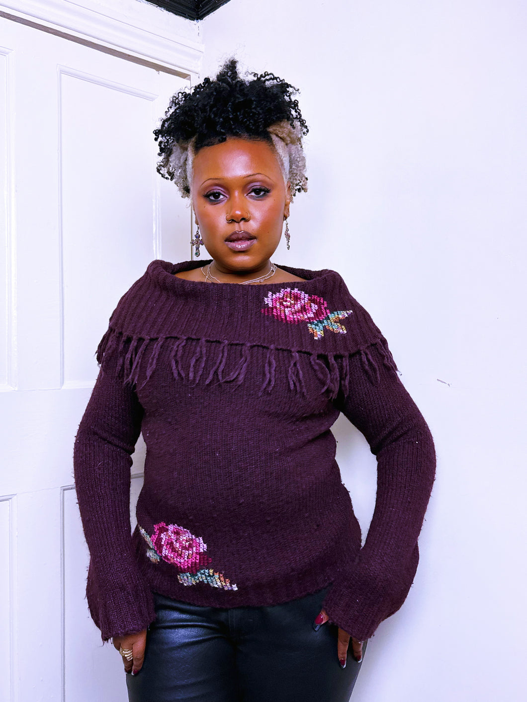 Y2K needle point burgundy boat neck jumper