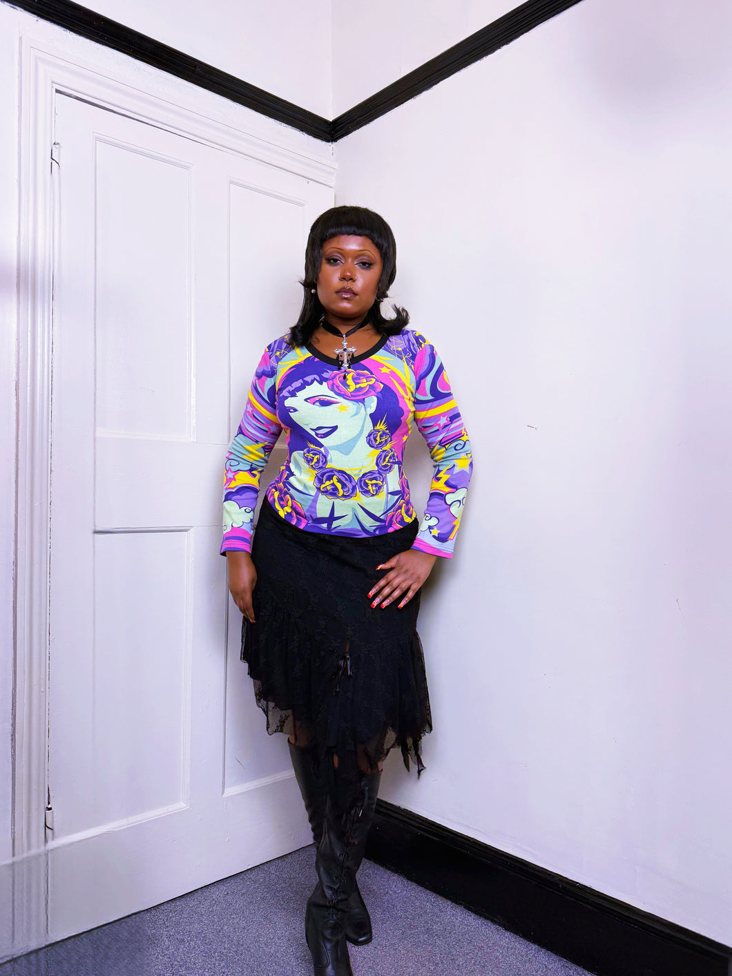 Y2K Hayes purple handy print top NWT