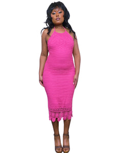 Vintage Rene Derhy Barbie pink crochet halter neck dress