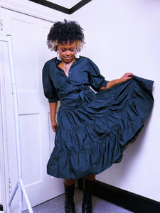 1980s Gothic taffeta removable collar ruffled dress