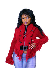 Load image into Gallery viewer, Archival Red fringe cardigan with zipper and belt by Zone Bleue
