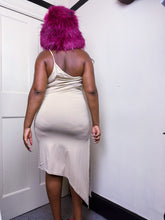 Load image into Gallery viewer, Lipsy 1996 label asymmetrical beige dress with slit
