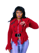 Load image into Gallery viewer, Archival Red fringe cardigan with zipper and belt by Zone Bleue

