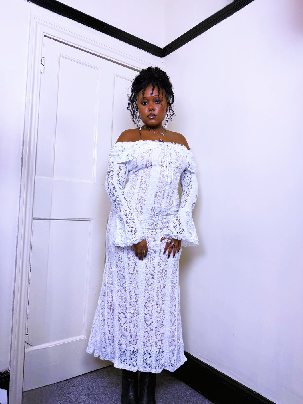 Vintage white lace Bardot dress