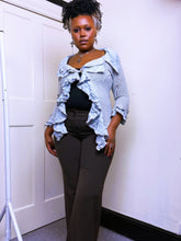 Load image into Gallery viewer, Zone Bleue Grey ruffled cardigan
