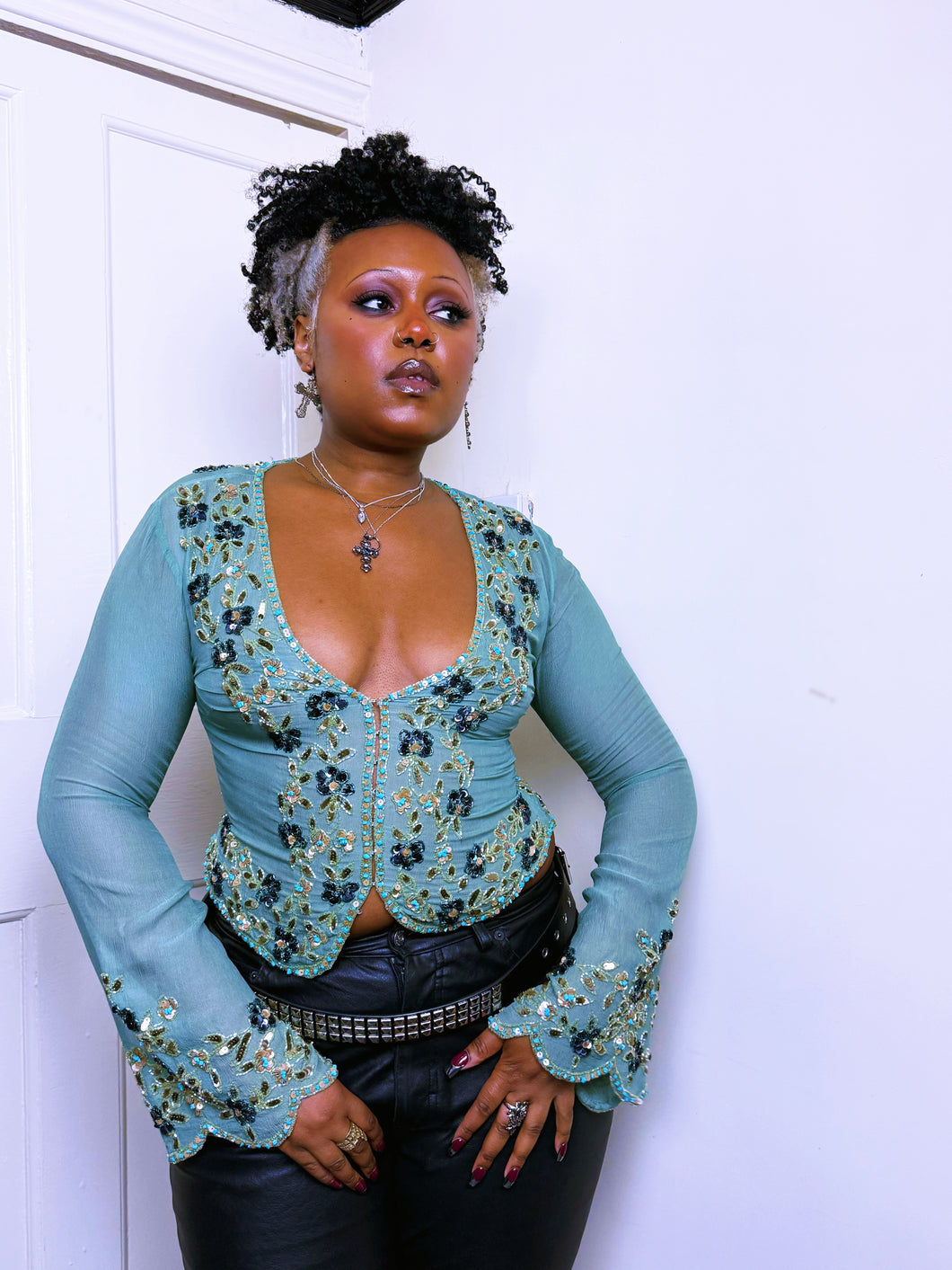 90s silk beaded blouse