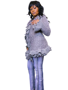 Y2K Grey crochet knit cardigan with lace and knit ruffles