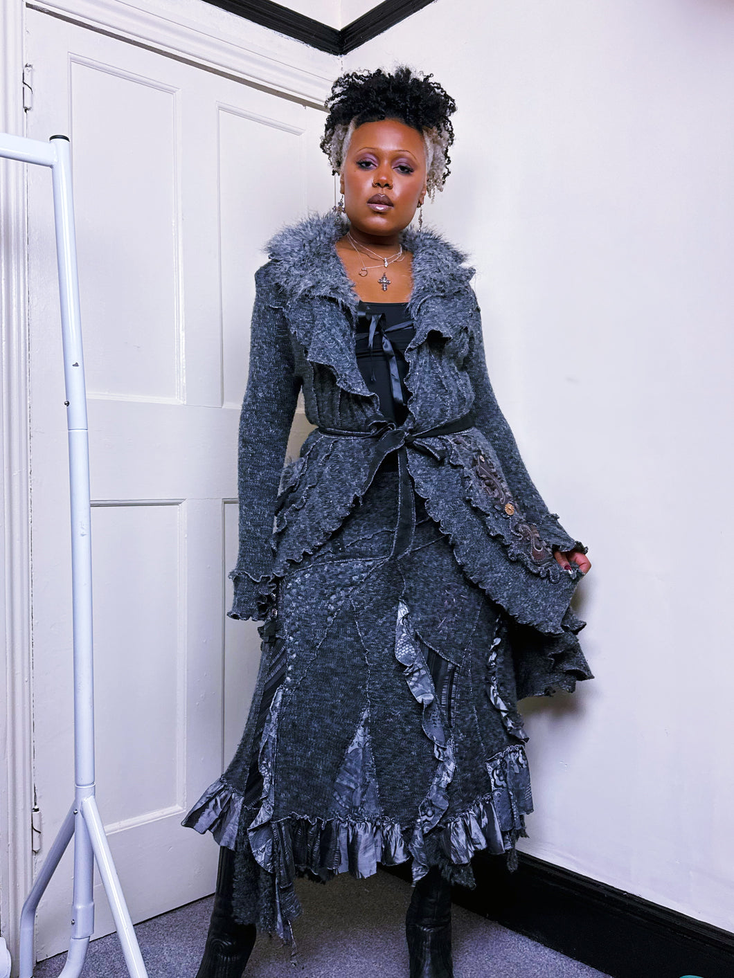Y2K Marl Knit faux fur long cardigan
