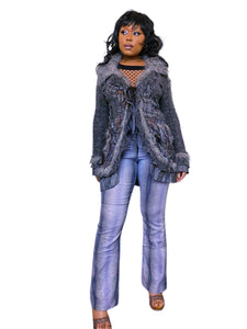 Archival Marl Knit and tartan print faux fur whimsigoth cardigan