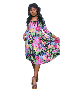 Vintage 1980s Betsey Johnson Floral Lace up dress