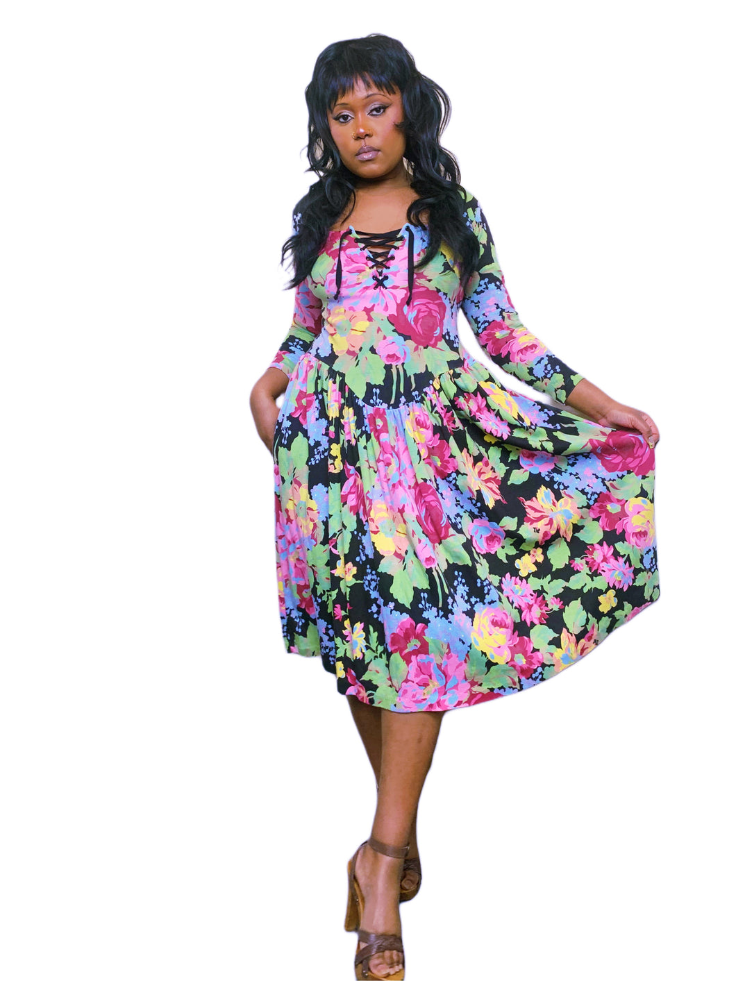 Vintage 1980s Betsey Johnson Floral Lace up dress