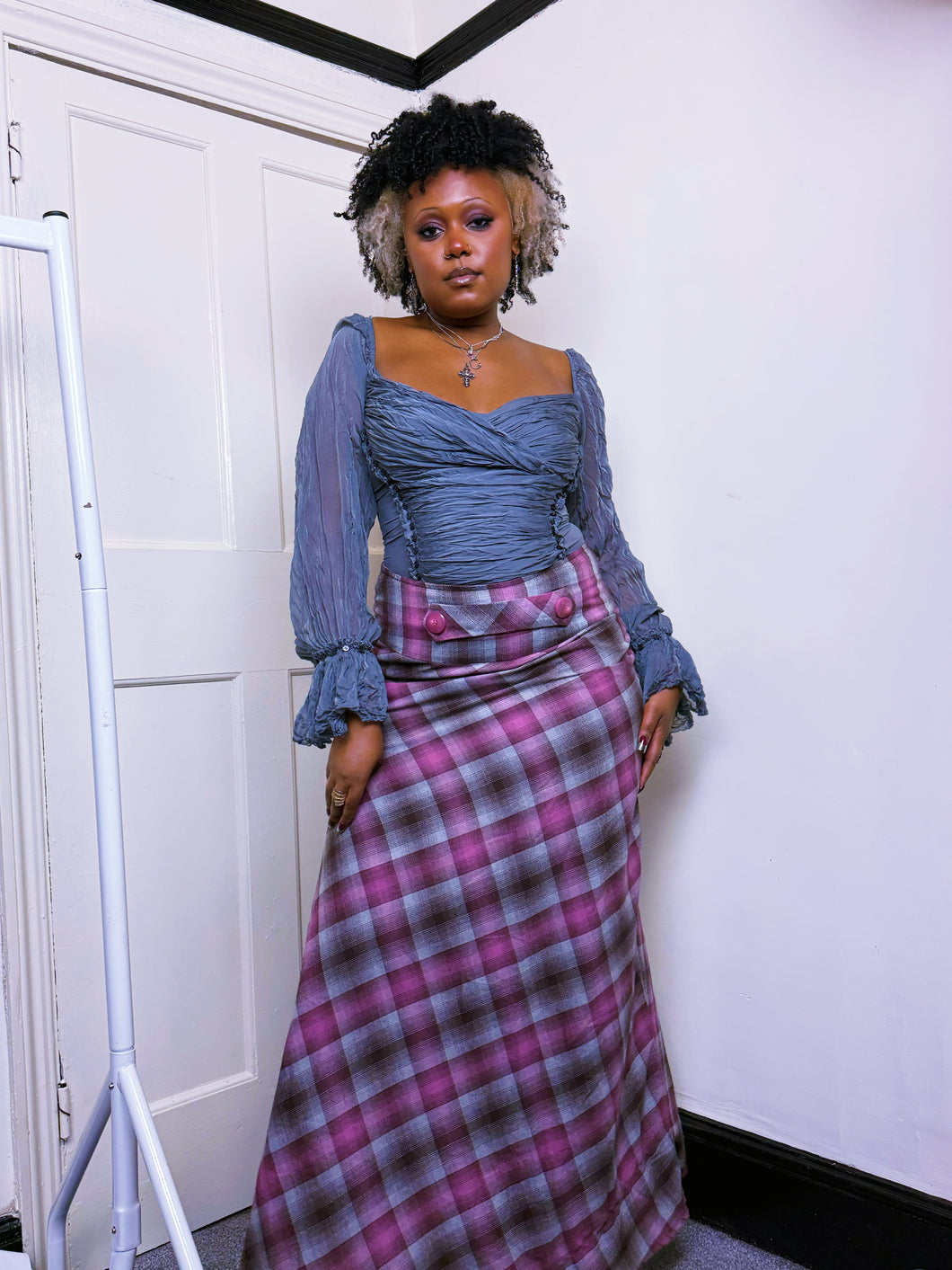 Y2K Plaid flared maxi skirt
