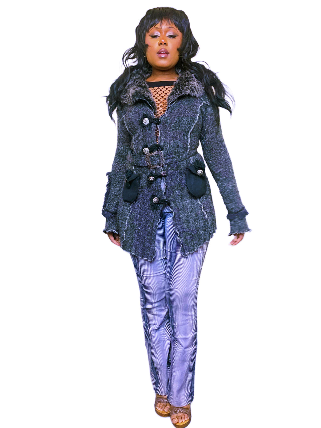 Y2K Marl knit faux fur belted cardigan