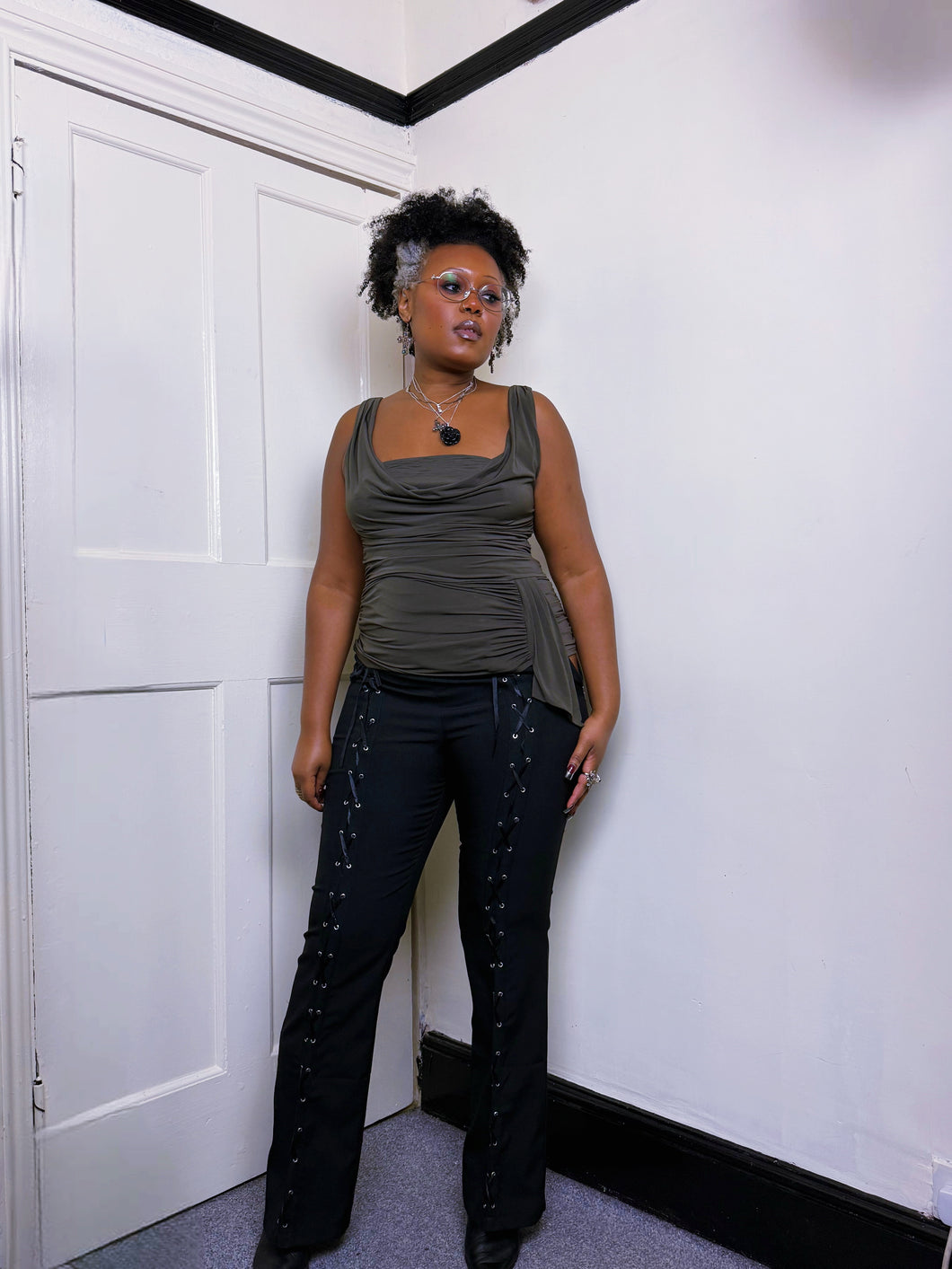 Y2K lace up grommet flares