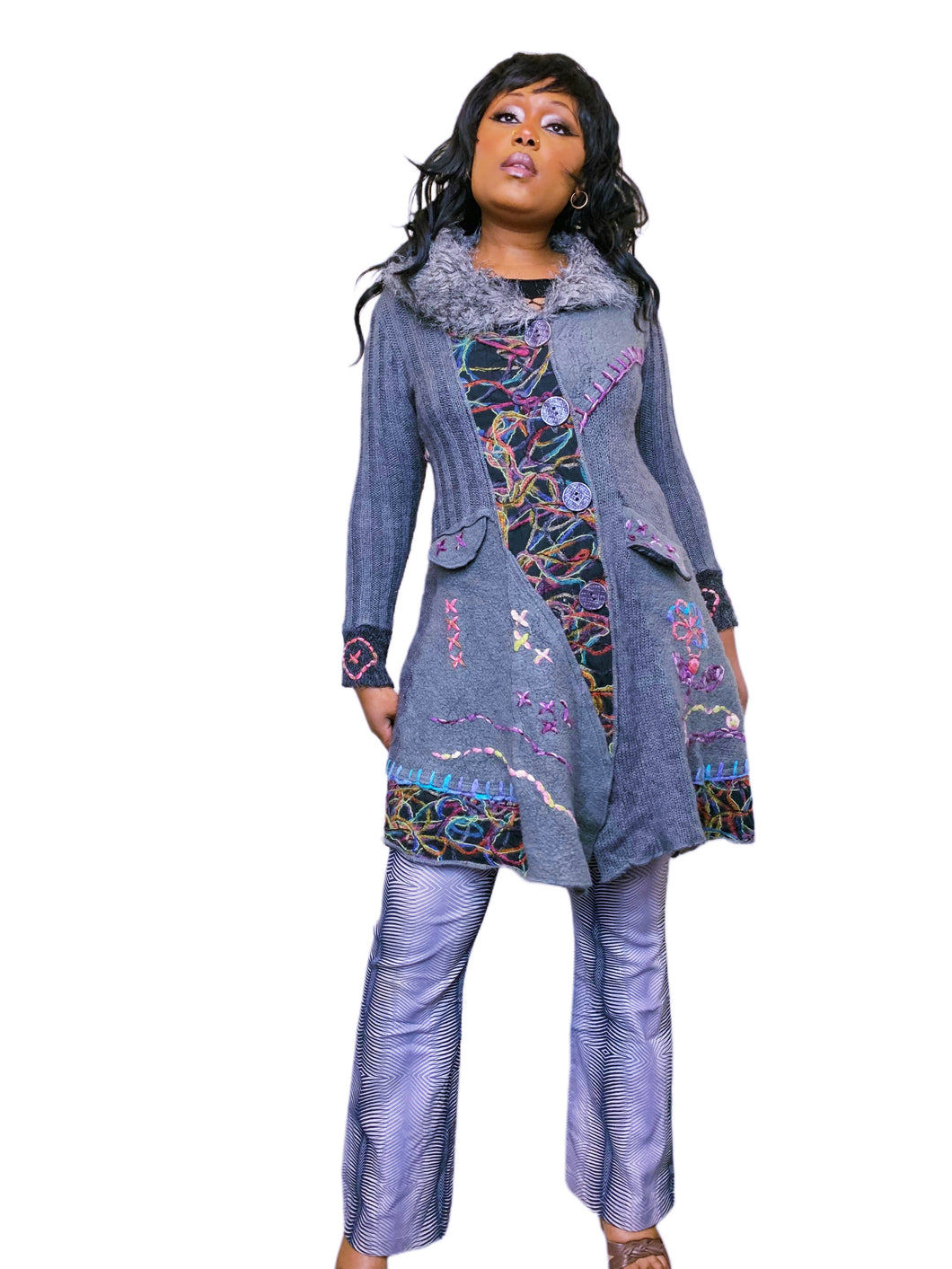 Y2K Grey Faux Fur Embroidered Whimsigoth Cardigan