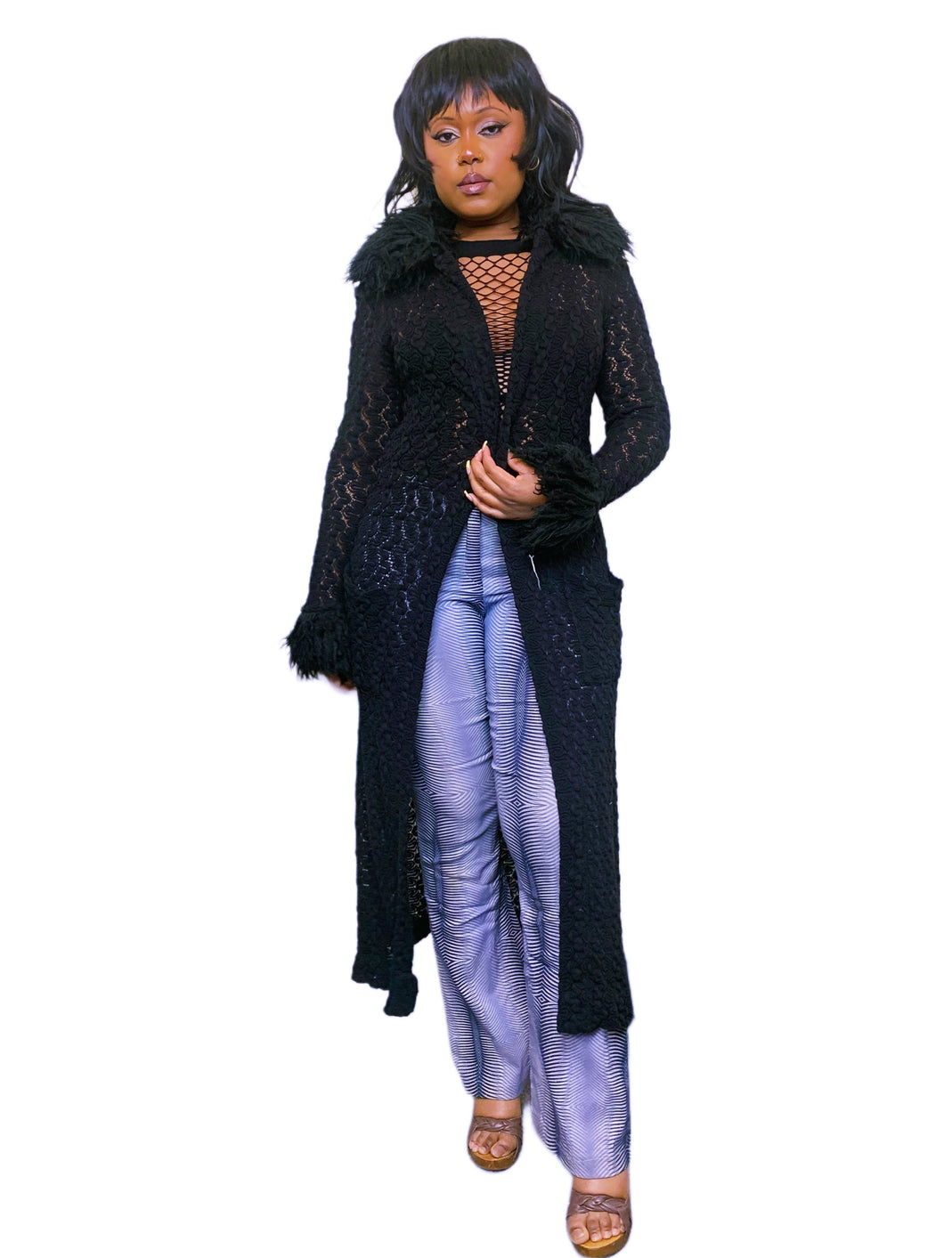 1990s Italian Crochet Knit Faux Fur Duster