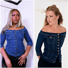 Load image into Gallery viewer, Plein Sud Bardot denim top ASO Sabrina the Teenage witch promo
