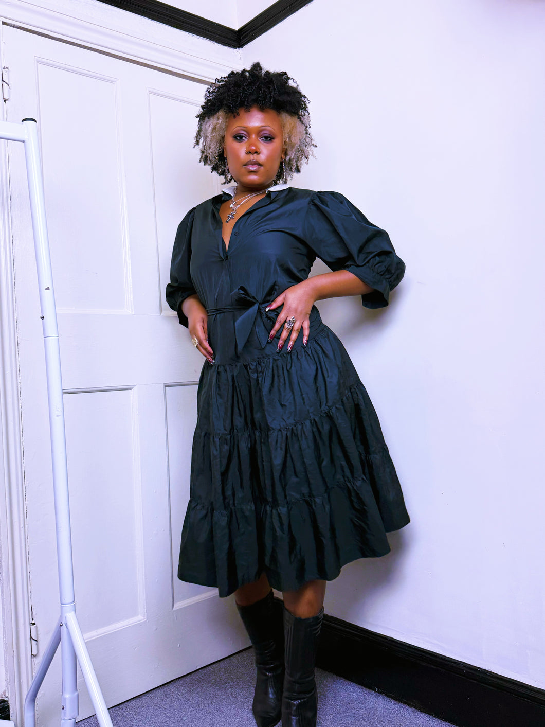 1980s Gothic taffeta removable collar ruffled dress