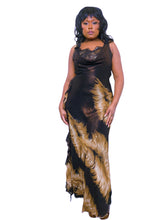 Load image into Gallery viewer, Vintage deep Cowl neck feather print beaded sequin gown
