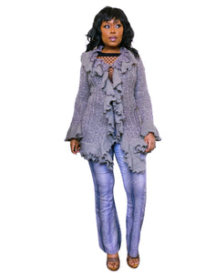 Y2K Grey crochet knit cardigan with lace and knit ruffles