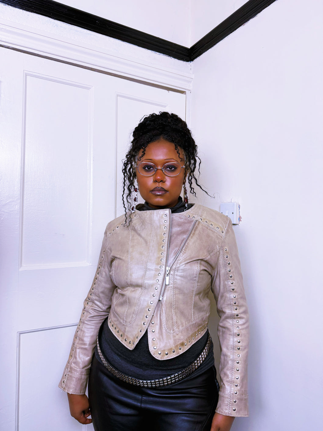 Y2K Cream studded zip up leather jacket