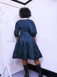 1980s Gothic taffeta removable collar ruffled dress
