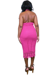 Vintage Rene Derhy Barbie pink crochet halter neck dress