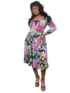 Vintage 1980s Betsey Johnson Floral Lace up dress