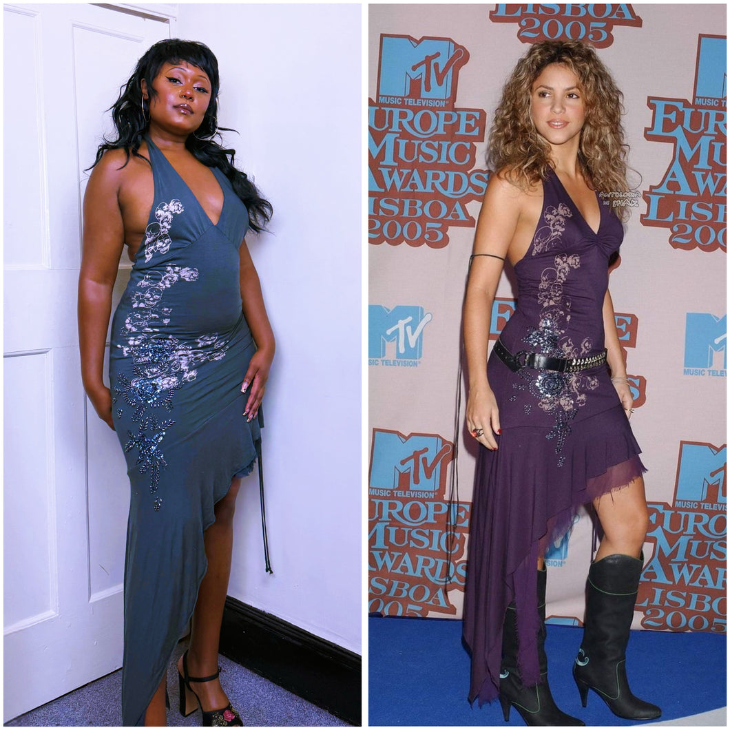 Vintage Skull Print Halter Dress Silk ruffle ASO Shakira at the AMA’s 2005