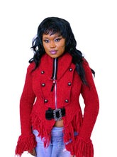 Load image into Gallery viewer, Archival Red fringe cardigan with zipper and belt by Zone Bleue
